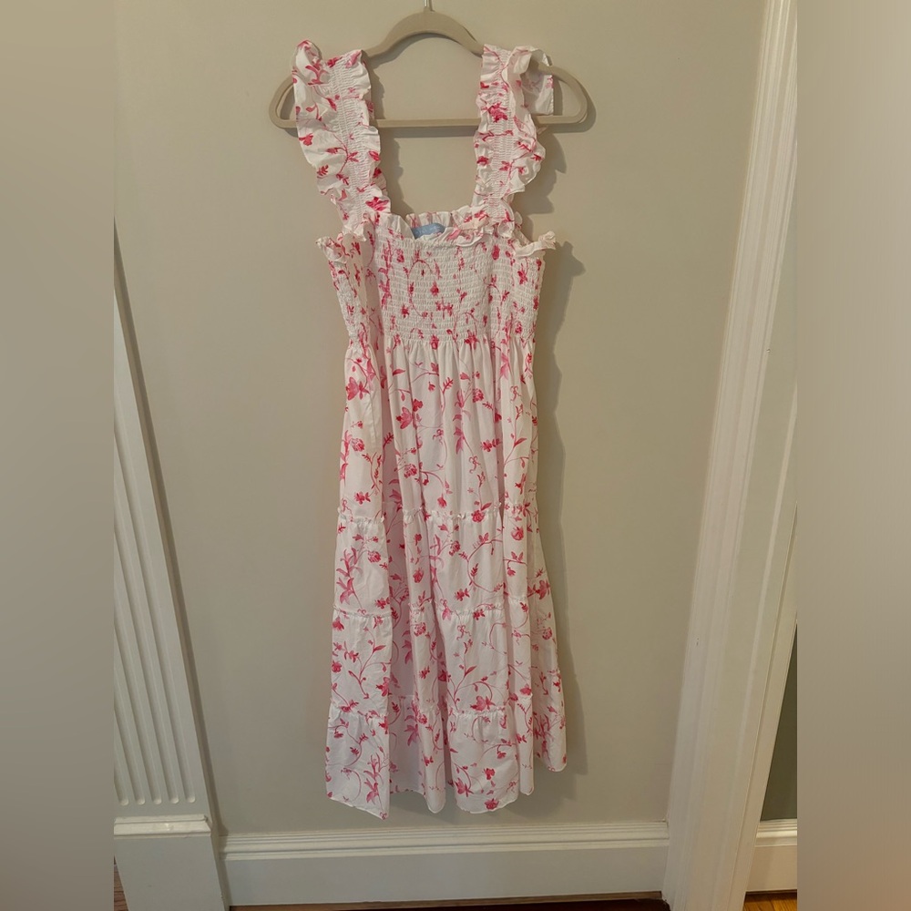 Hill House White Midi Dress with Pink Floral Print